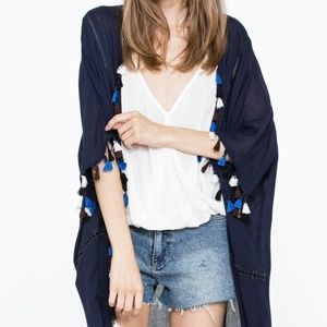 KIMONO MID SLEEVE JACKET WITH TASSEL TRIM